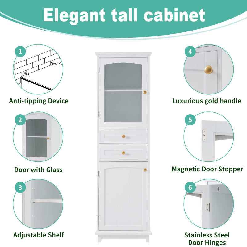 63" Tall Bathroom Storage Cabinet with Glass Doors, Free-Standing, Two Drawers, and Adjustable Shelves, MDF Board, Painted white - Perfect for Displaying Your Favorite Items