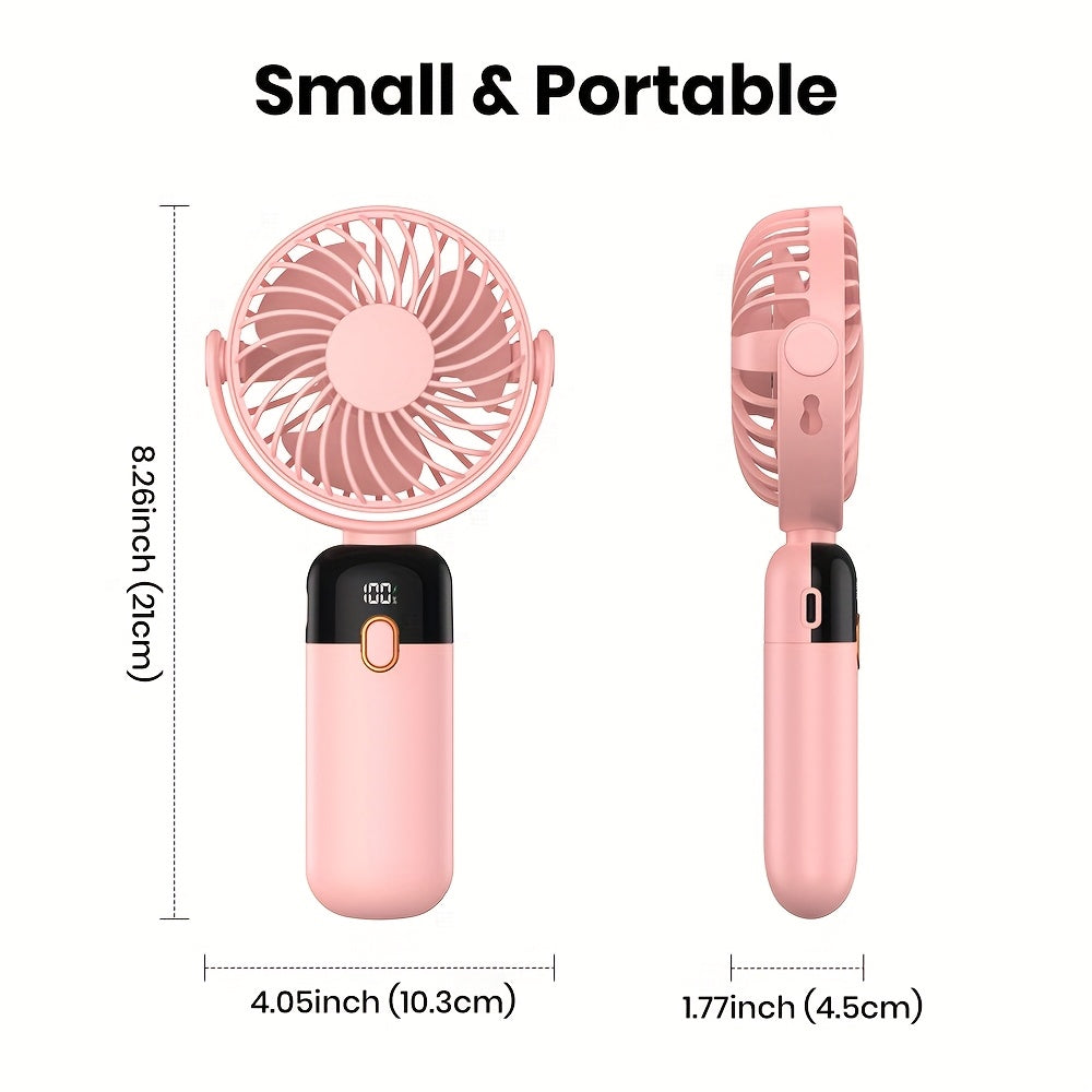 TOPK Portable Handheld Fan with 5000mAh Battery, 360° Rotation & LED Display – Rechargeable Mini Fan for Travel, Home, Office, Makeup, 4-Speed Adjustable, Neck-Hangable Design, Pink
