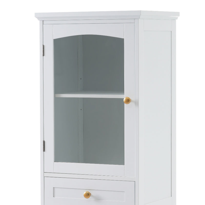 63" Tall Bathroom Storage Cabinet with Glass Doors, Free-Standing, Two Drawers, and Adjustable Shelves, MDF Board, Painted white - Perfect for Displaying Your Favorite Items