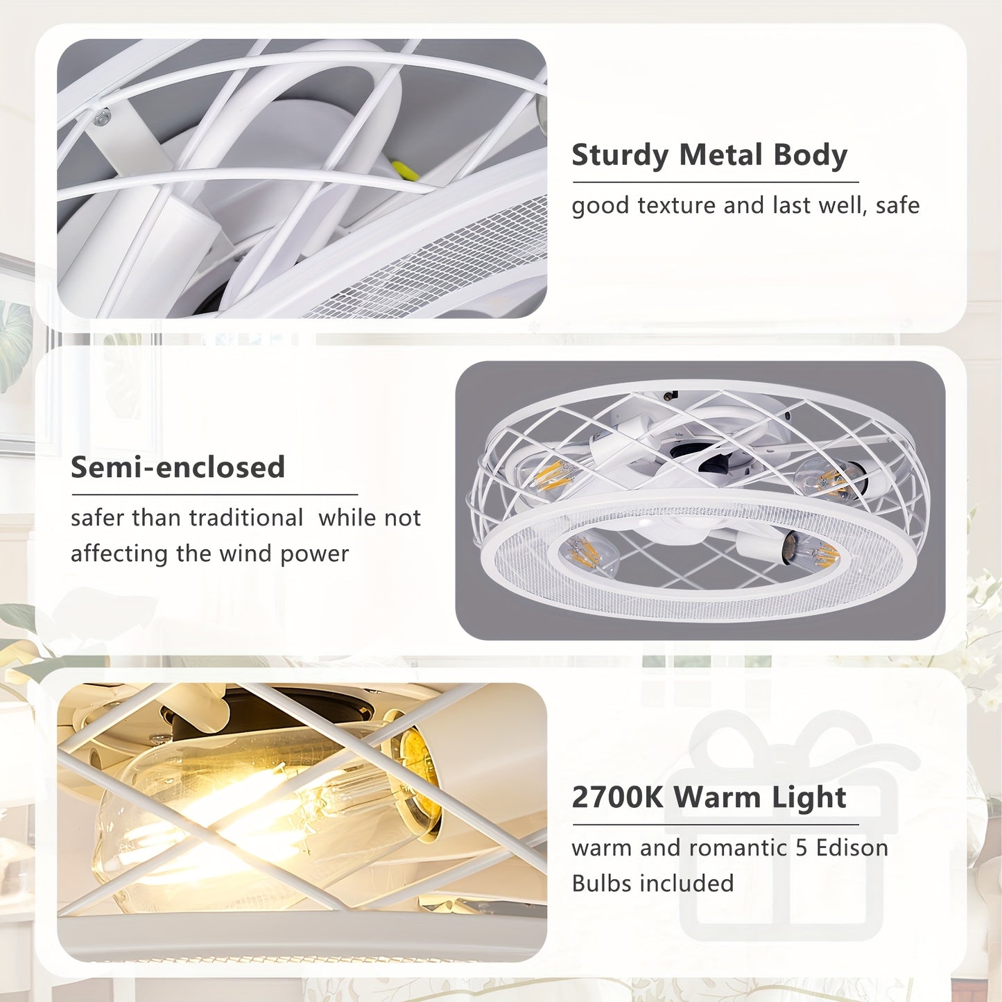 19.7" Caged Ceiling Fan With Light, White Flush Mount Low Profile Ceiling Fan With Light, 6 Speeds And Reversible Wind, Included 5*2700K Bulbs, Farmhouse Enclosed Ceiling Fan For Bedroom, Kitchen