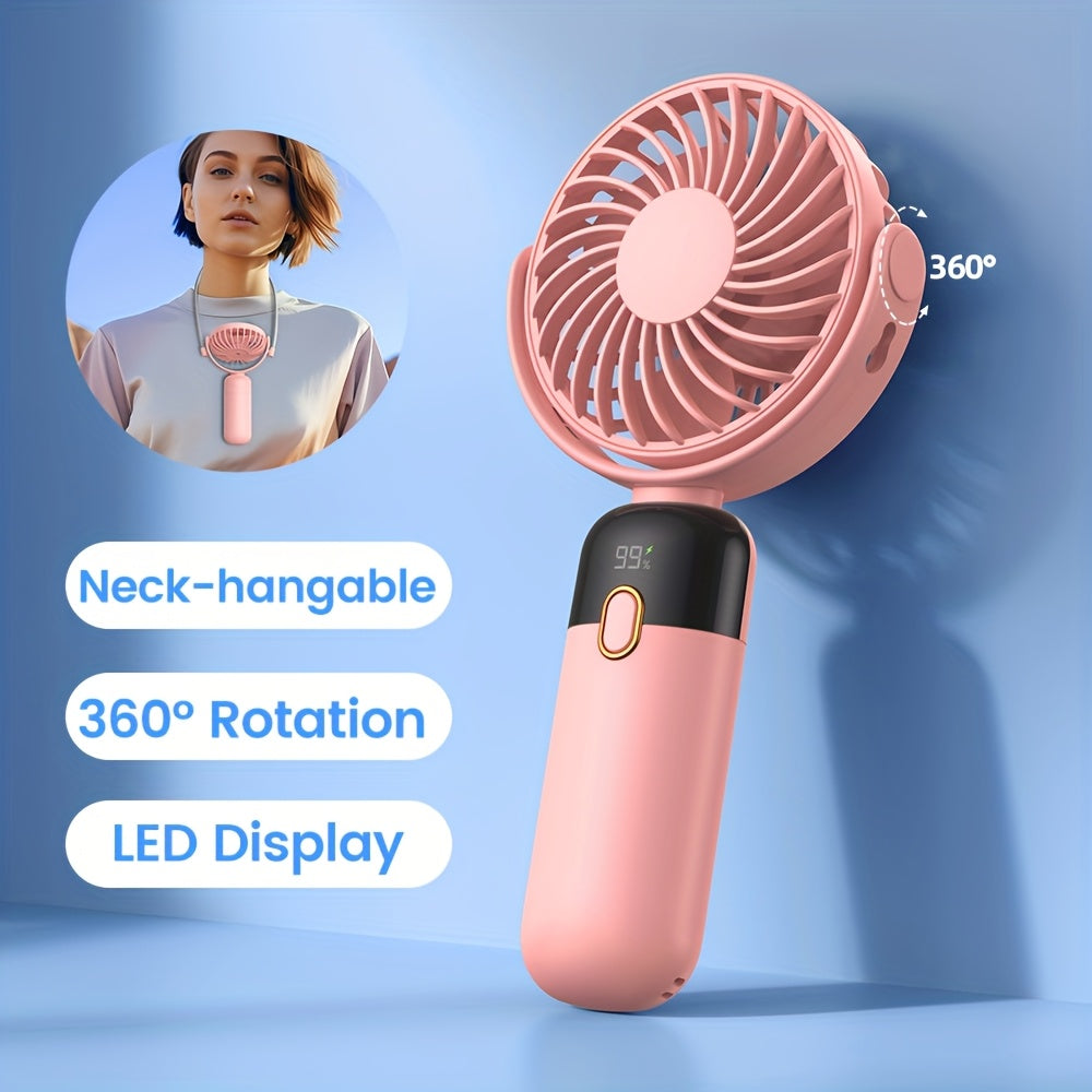 TOPK Portable Handheld Fan with 5000mAh Battery, 360° Rotation & LED Display – Rechargeable Mini Fan for Travel, Home, Office, Makeup, 4-Speed Adjustable, Neck-Hangable Design, Pink