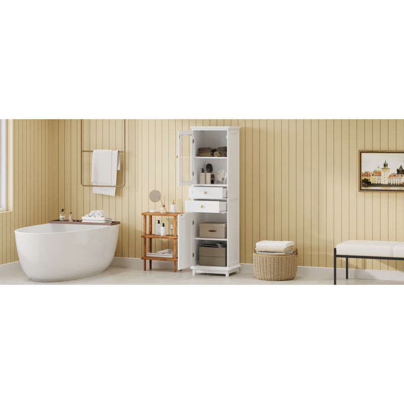 63" Tall Bathroom Storage Cabinet with Glass Doors, Free-Standing, Two Drawers, and Adjustable Shelves, MDF Board, Painted white - Perfect for Displaying Your Favorite Items