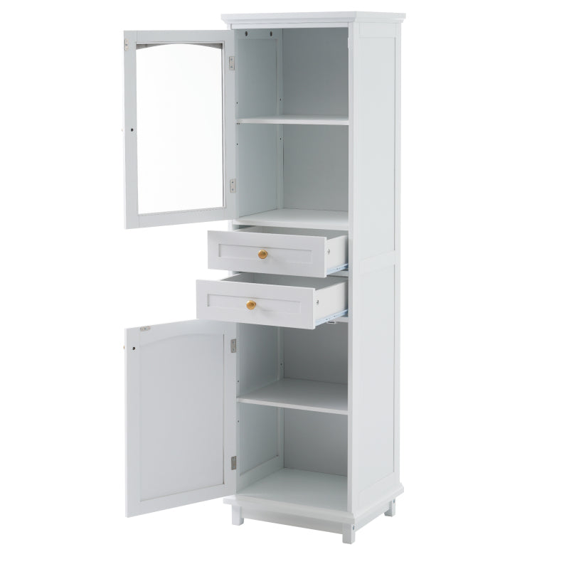 63" Tall Bathroom Storage Cabinet with Glass Doors, Free-Standing, Two Drawers, and Adjustable Shelves, MDF Board, Painted white - Perfect for Displaying Your Favorite Items