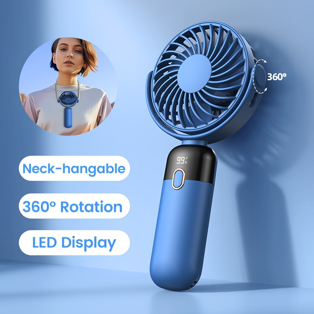 TOPK Portable Handheld Fan with 5000mAh Battery, 360° Rotation & LED Display – Rechargeable Mini Fan for Travel, Home, Office, Makeup, 4-Speed Adjustable, Neck-Hangable Design, Pink