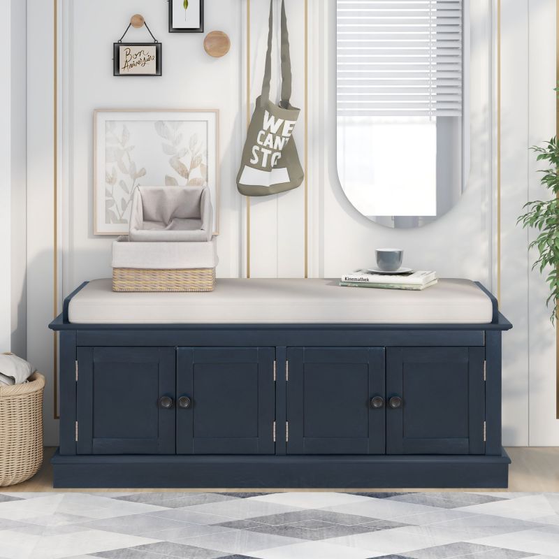 Storage Bench with 4 Doors and Adjustable Shelves, Shoe Bench with Removable Cushion for Living Room, Entryway (White)