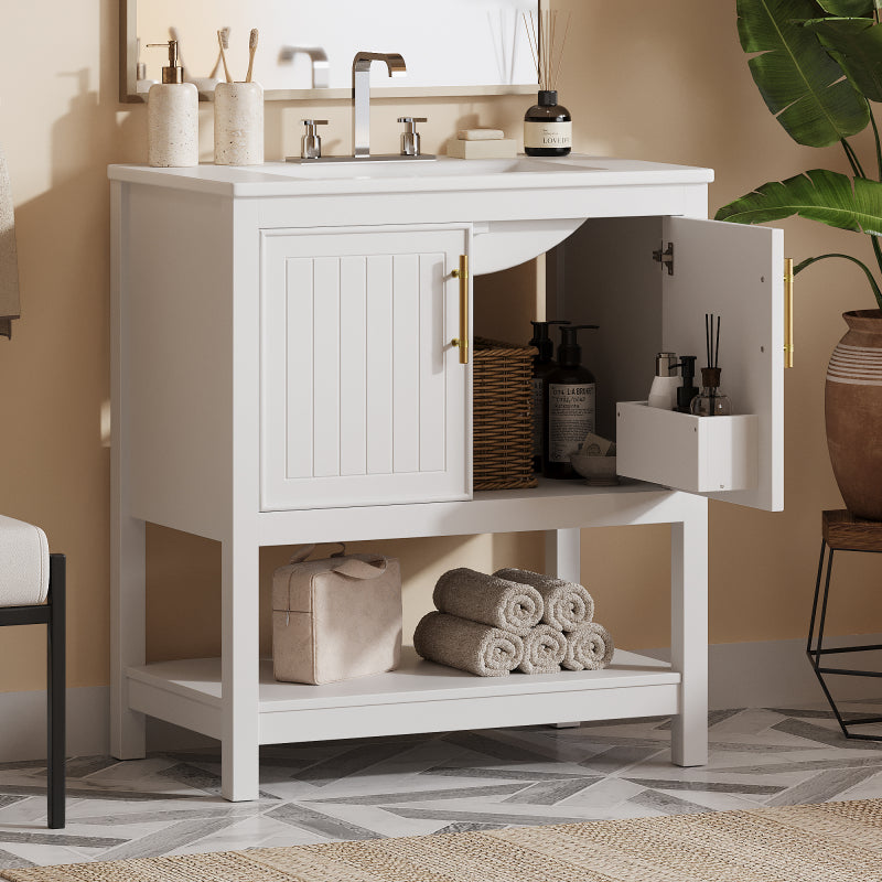 30" White Bathroom Vanity with Ceramic Sink and Versatile Storage - Ideal for Small Bathrooms