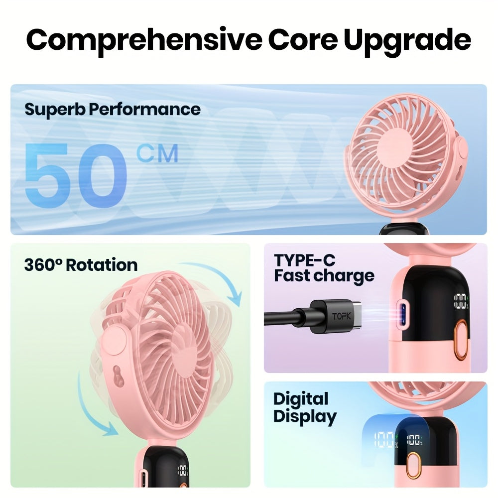 TOPK Portable Handheld Fan with 5000mAh Battery, 360° Rotation & LED Display – Rechargeable Mini Fan for Travel, Home, Office, Makeup, 4-Speed Adjustable, Neck-Hangable Design, Pink