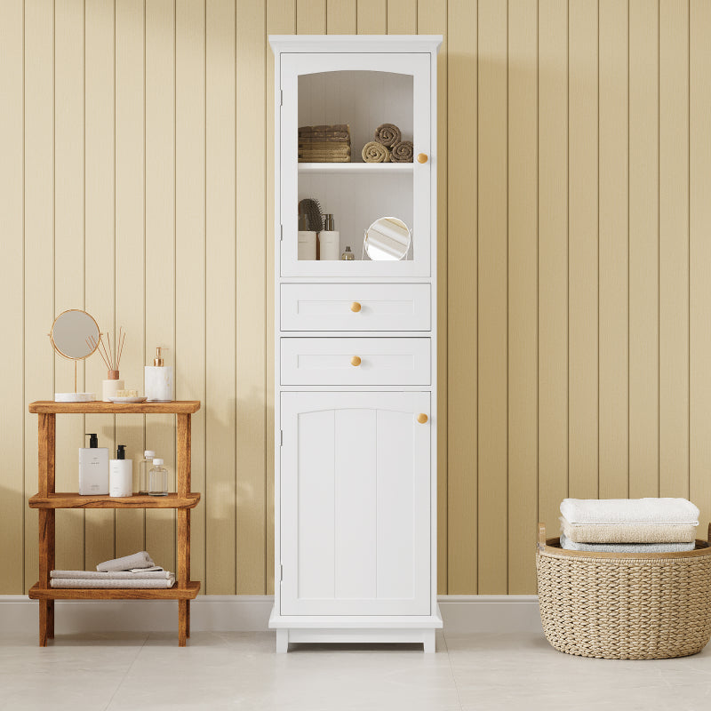 63" Tall Bathroom Storage Cabinet with Glass Doors, Free-Standing, Two Drawers, and Adjustable Shelves, MDF Board, Painted white - Perfect for Displaying Your Favorite Items