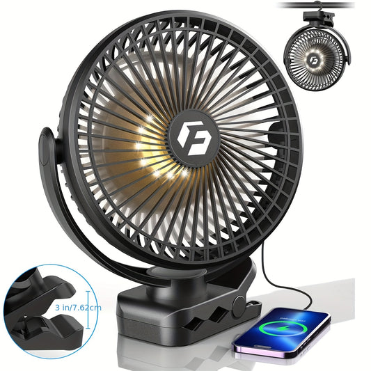 12000mAh Rechargeable Portable Clip-On Fan - Quiet, Battery-Operated, 8-Inch Personal Fan with LED Lights, Remote Control, and USB Charging for Office, Bedroom, Camping, and Outdoor Adventures