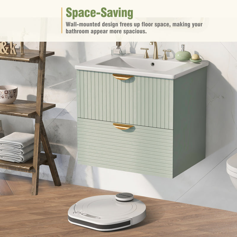 24" Modern Wall-Mounted Bathroom vanity with 2 Drawers, Green - Ideal for Small Bathrooms