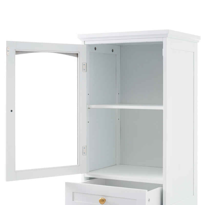 63" Tall Bathroom Storage Cabinet with Glass Doors, Free-Standing, Two Drawers, and Adjustable Shelves, MDF Board, Painted white - Perfect for Displaying Your Favorite Items