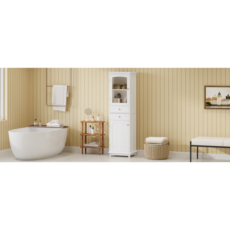 63" Tall Bathroom Storage Cabinet with Glass Doors, Free-Standing, Two Drawers, and Adjustable Shelves, MDF Board, Painted white - Perfect for Displaying Your Favorite Items