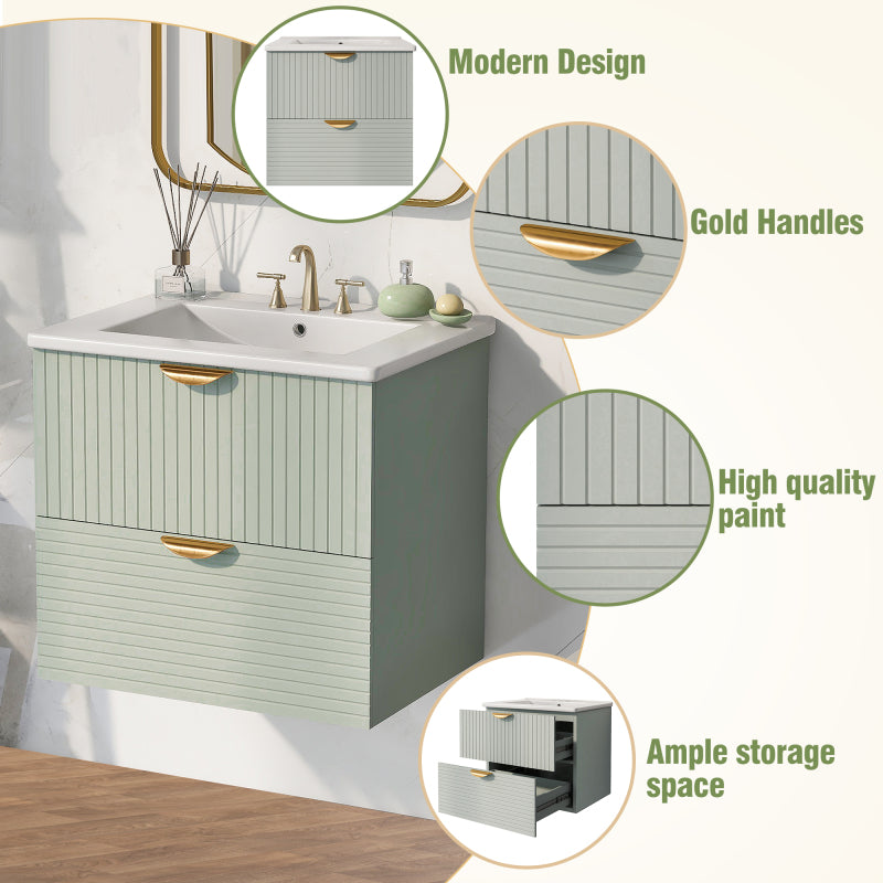 24" Modern Wall-Mounted Bathroom vanity with 2 Drawers, Green - Ideal for Small Bathrooms