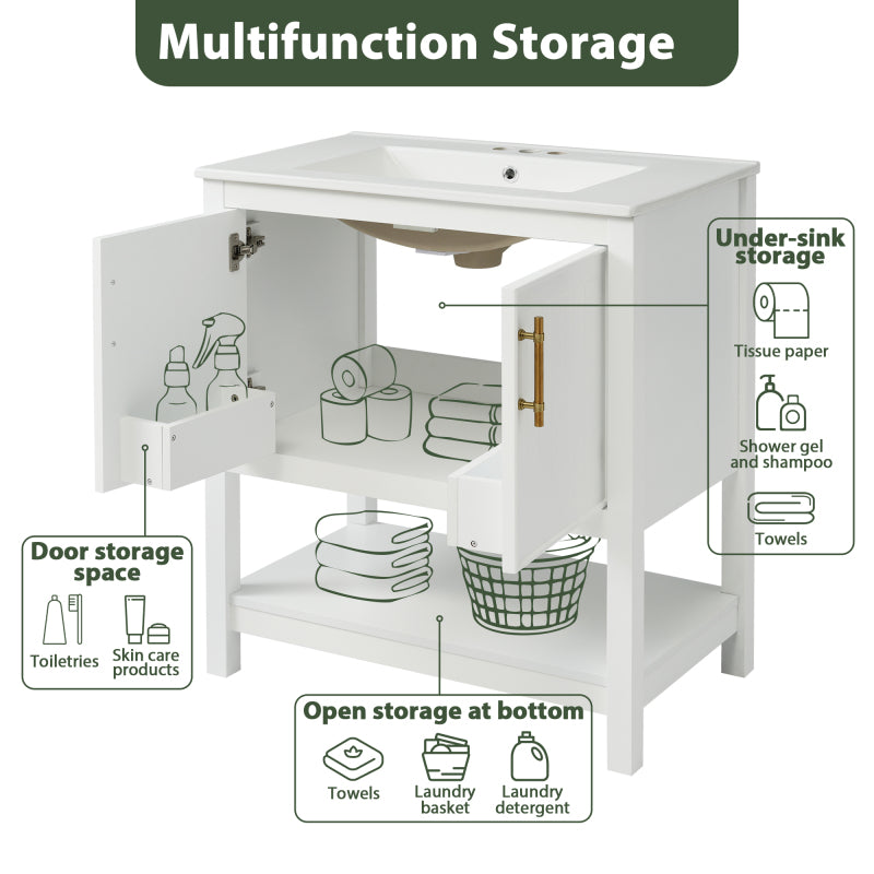 30" White Bathroom Vanity with Ceramic Sink and Versatile Storage - Ideal for Small Bathrooms