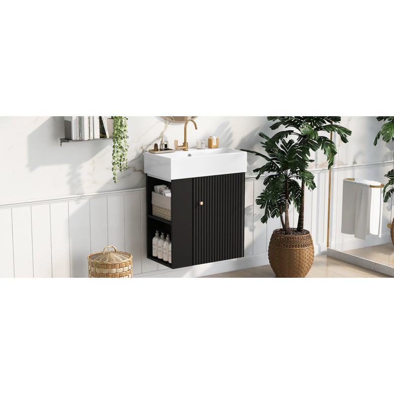 [Video]21.6inch Modern Floating Bathroom Vanity with Ceramic Basin - Perfect for Small Bathrooms, Left side storage