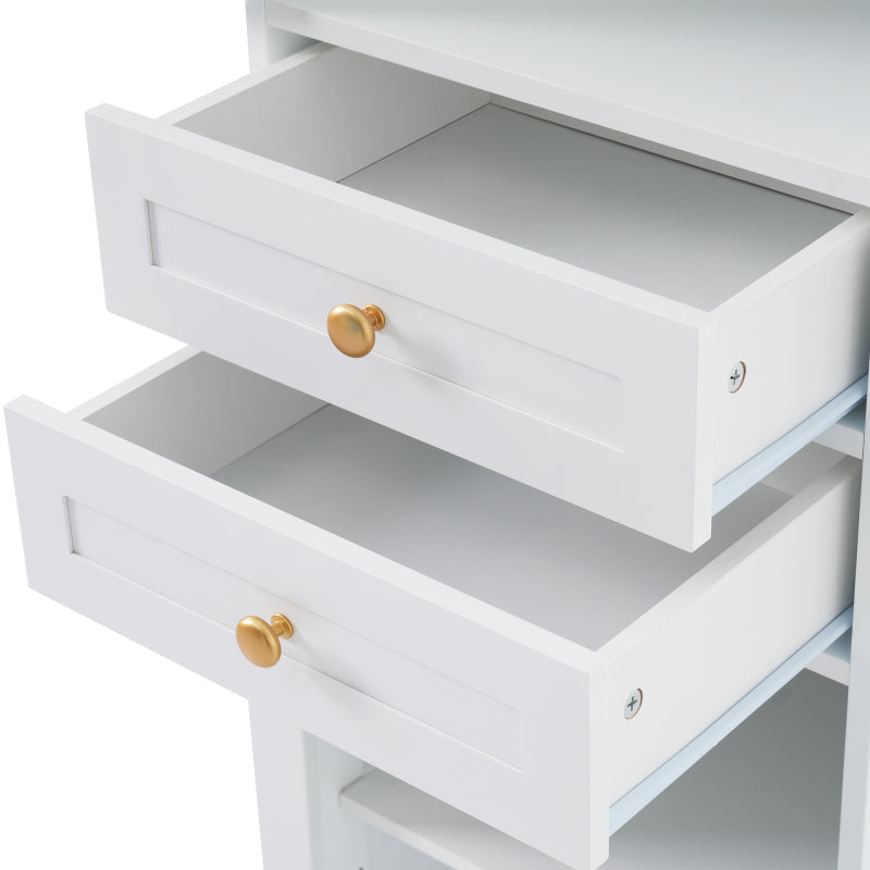 63" Tall Bathroom Storage Cabinet with Glass Doors, Free-Standing, Two Drawers, and Adjustable Shelves, MDF Board, Painted white - Perfect for Displaying Your Favorite Items