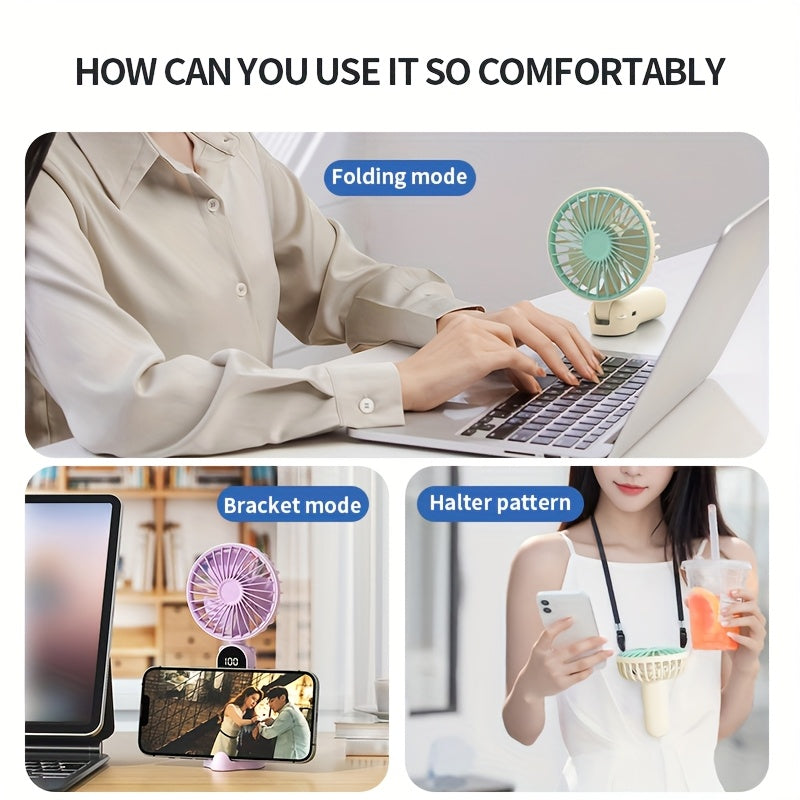 Mini Portable USB Fan with 6 Speeds and Digital Display - Foldable 3-in-1 Handheld, Neck, and Desktop Fan for Travel, Beach, and Outdoor Use - Rechargeable Lithium Battery, Travel Essentials | Modern Aesthetic | Compact Design, Portable Fans