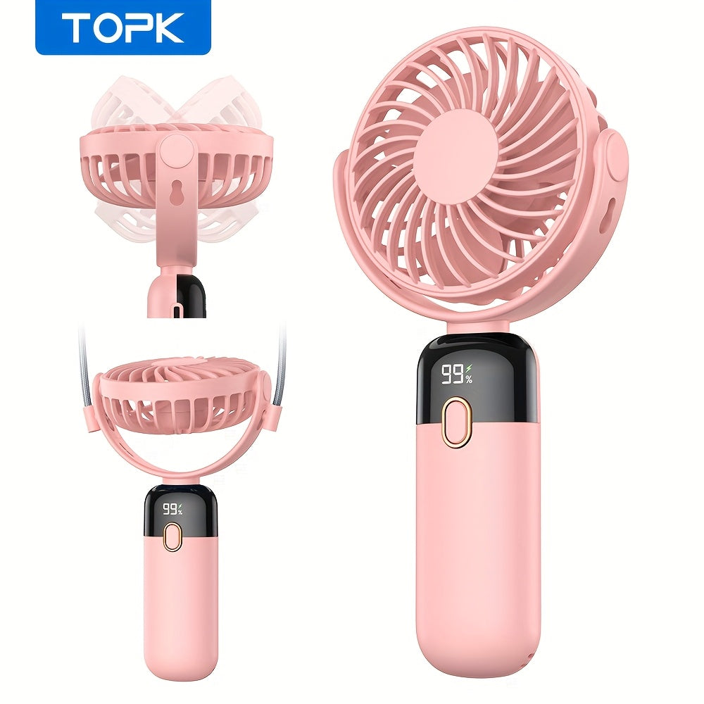 [Portable Handheld Fan] TOPK 3-in-1 Portable Handheld Fan | 360° Rotatable 4-Speed Mini Fan with LED Display, 5000mAh Rechargeable Battery, Durable Fan Blades for Home, Office, Travel & Outdoor
