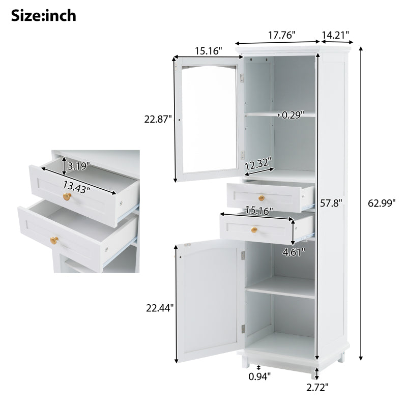 63" Tall Bathroom Storage Cabinet with Glass Doors, Free-Standing, Two Drawers, and Adjustable Shelves, MDF Board, Painted white - Perfect for Displaying Your Favorite Items