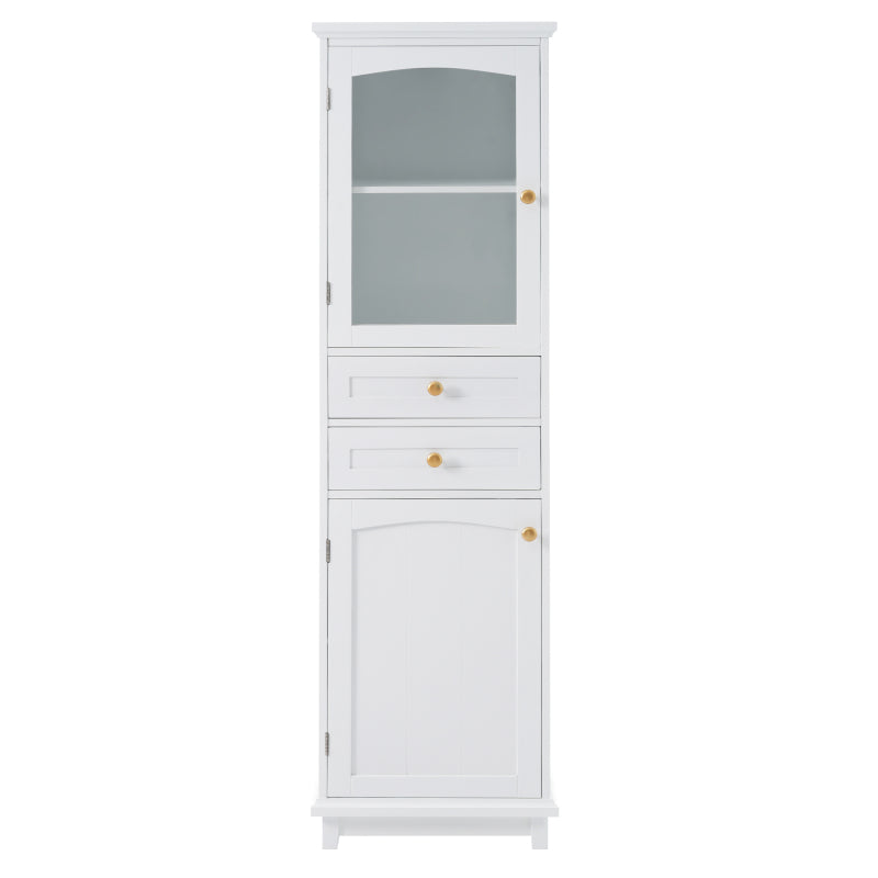 63" Tall Bathroom Storage Cabinet with Glass Doors, Free-Standing, Two Drawers, and Adjustable Shelves, MDF Board, Painted white - Perfect for Displaying Your Favorite Items
