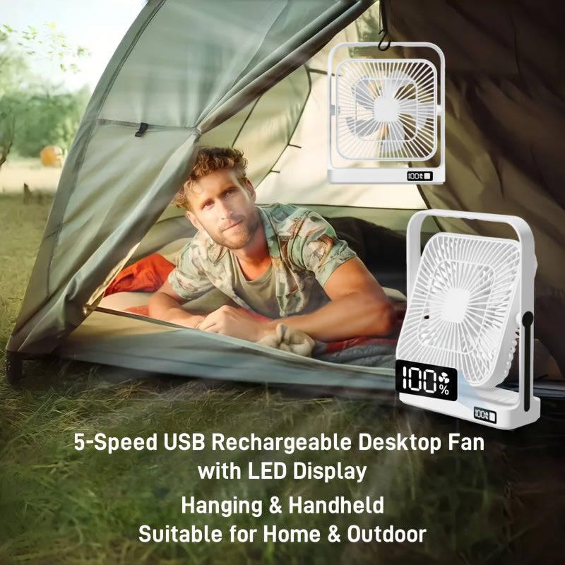 [5-speed Portable Fan] Ultra-long Battery Life 12 Hours, 5-speed Adjustable Portable USB Desktop Fan 8.8*7.3 Inches | Large Battery 3600mAh, LED Display, Suspended And Handheld, Rotatable Angle | Suitable For Offices, Dormitories And Travel