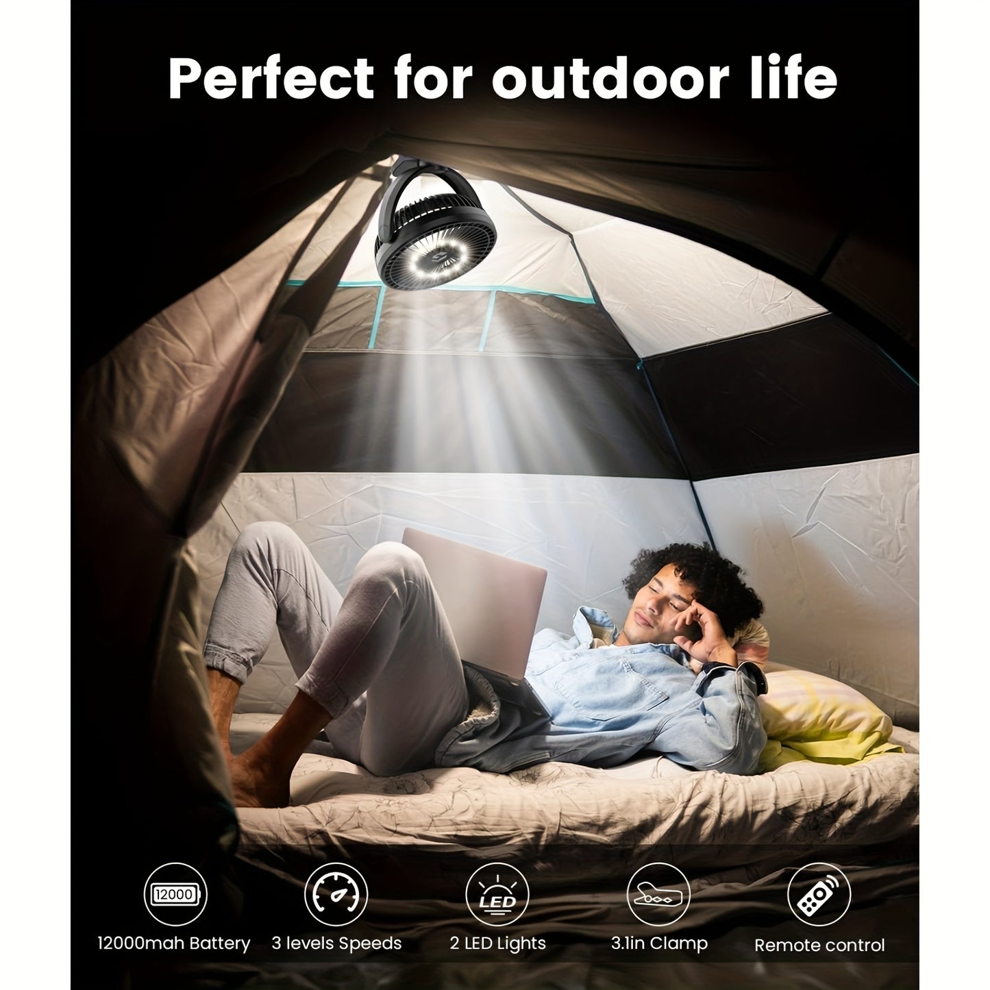 12000mAh Rechargeable Portable Clip-On Fan - Quiet, Battery-Operated, 8-Inch Personal Fan with LED Lights, Remote Control, and USB Charging for Office, Bedroom, Camping, and Outdoor Adventures