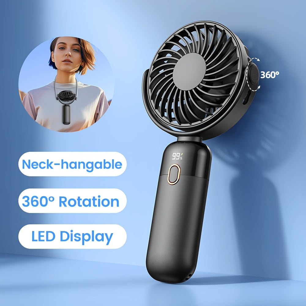 TOPK Portable Handheld Fan with 5000mAh Battery, 360° Rotation & LED Display – Rechargeable Mini Fan for Travel, Home, Office, Makeup, 4-Speed Adjustable, Neck-Hangable Design, Pink