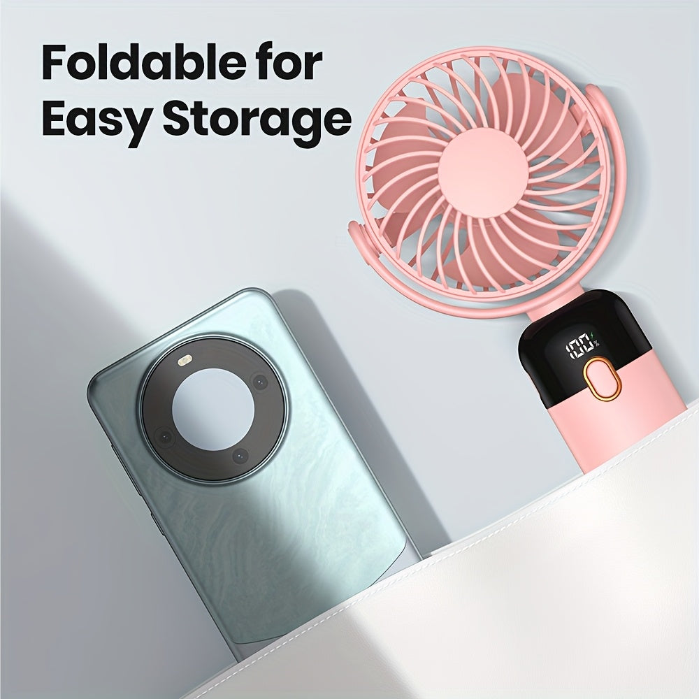 TOPK Portable Handheld Fan with 5000mAh Battery, 360° Rotation & LED Display – Rechargeable Mini Fan for Travel, Home, Office, Makeup, 4-Speed Adjustable, Neck-Hangable Design, Pink