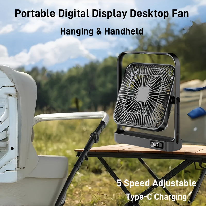 [5-speed Portable Fan] Ultra-long Battery Life 12 Hours, 5-speed Adjustable Portable USB Desktop Fan 8.8*7.3 Inches | Large Battery 3600mAh, LED Display, Suspended And Handheld, Rotatable Angle | Suitable For Offices, Dormitories And Travel