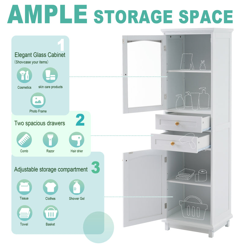 63" Tall Bathroom Storage Cabinet with Glass Doors, Free-Standing, Two Drawers, and Adjustable Shelves, MDF Board, Painted white - Perfect for Displaying Your Favorite Items
