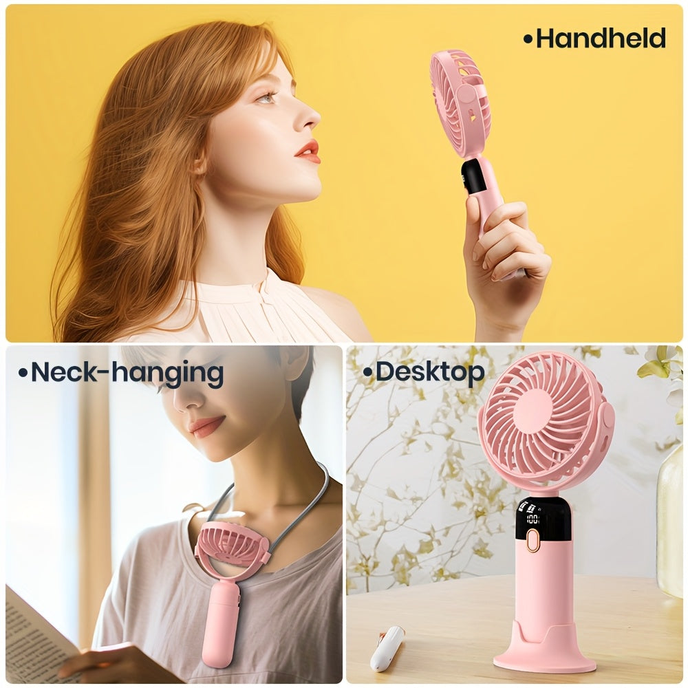 TOPK Portable Handheld Fan with 5000mAh Battery, 360° Rotation & LED Display – Rechargeable Mini Fan for Travel, Home, Office, Makeup, 4-Speed Adjustable, Neck-Hangable Design, Pink