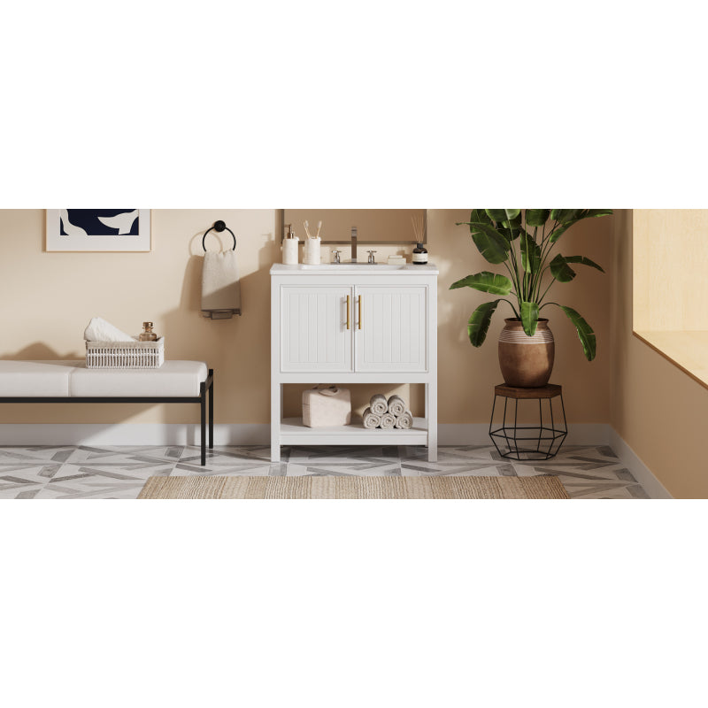 30" White Bathroom Vanity with Ceramic Sink and Versatile Storage - Ideal for Small Bathrooms