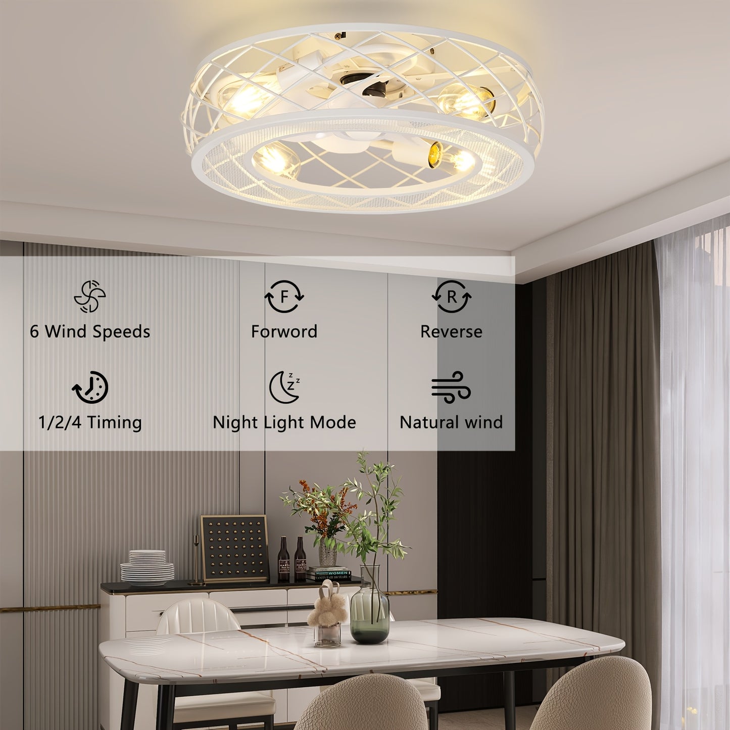 19.7" Caged Ceiling Fan With Light, White Flush Mount Low Profile Ceiling Fan With Light, 6 Speeds And Reversible Wind, Included 5*2700K Bulbs, Farmhouse Enclosed Ceiling Fan For Bedroom, Kitchen