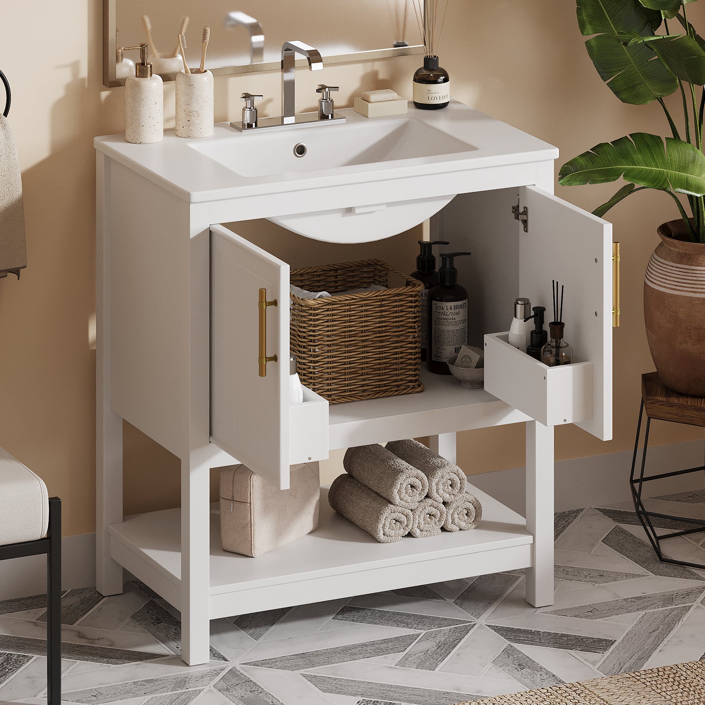 30" White Bathroom Vanity with Ceramic Sink and Versatile Storage - Ideal for Small Bathrooms