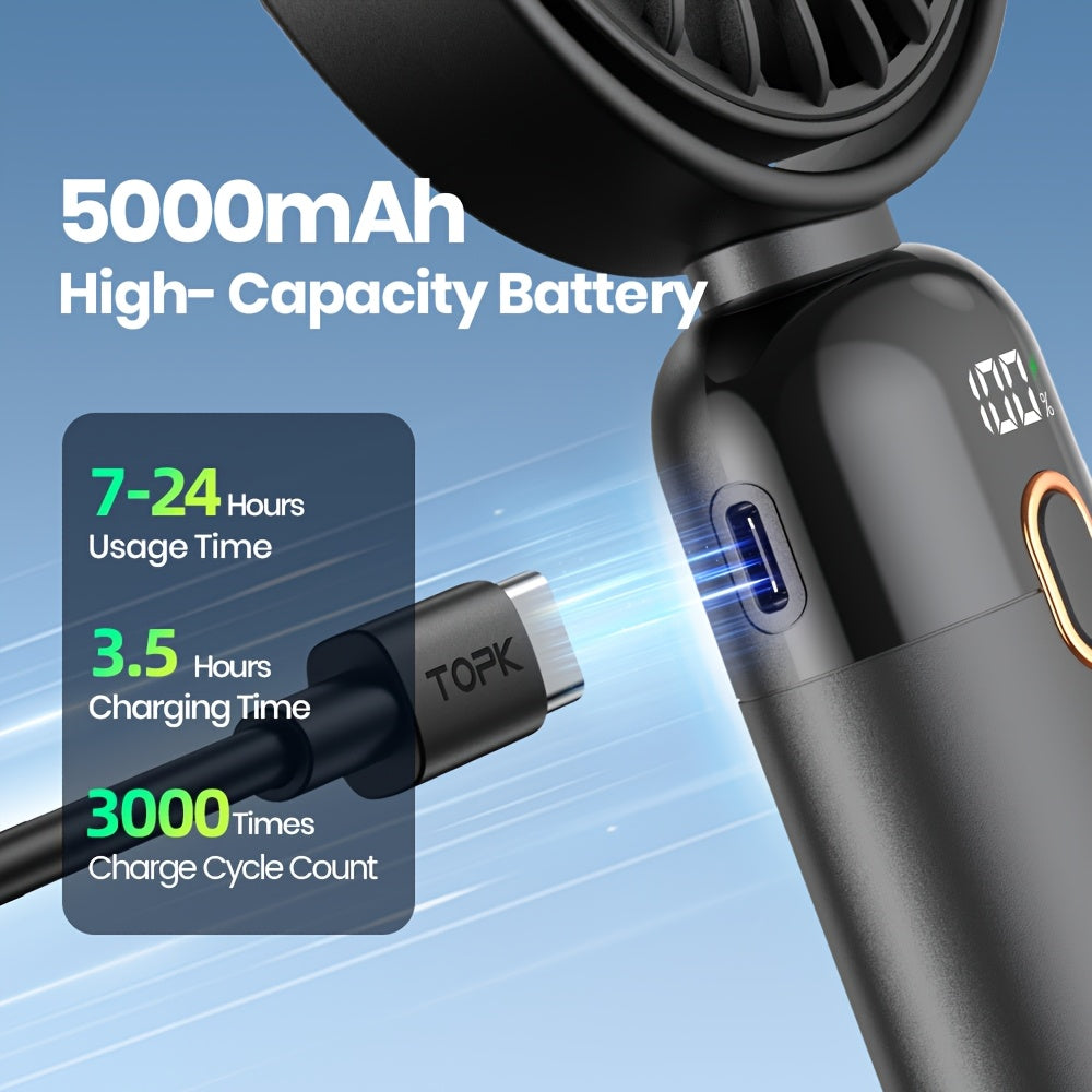 [Portable Handheld Fan] TOPK 3-in-1 Portable Handheld Fan | 360° Rotatable 4-Speed Mini Fan with LED Display, 5000mAh Rechargeable Battery, Durable Fan Blades for Home, Office, Travel & Outdoor