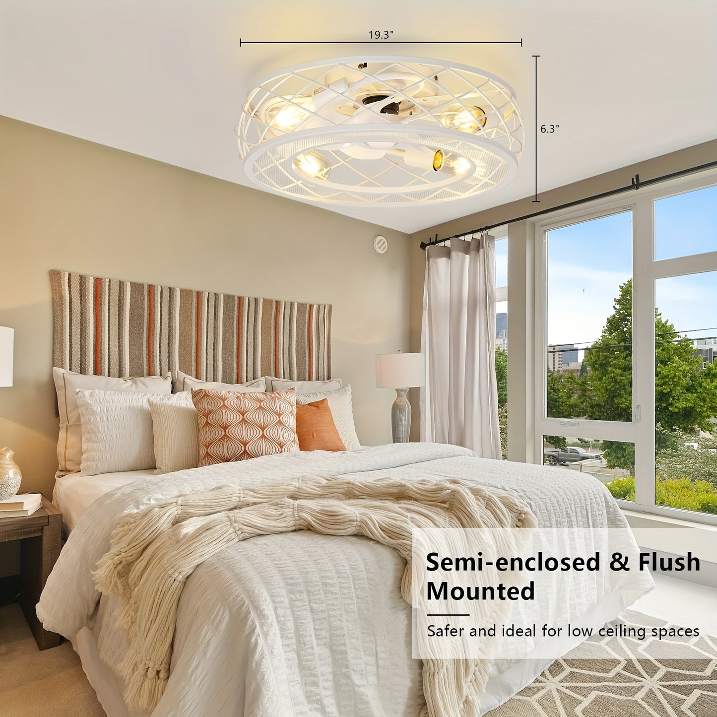 19.7" Caged Ceiling Fan With Light, White Flush Mount Low Profile Ceiling Fan With Light, 6 Speeds And Reversible Wind, Included 5*2700K Bulbs, Farmhouse Enclosed Ceiling Fan For Bedroom, Kitchen