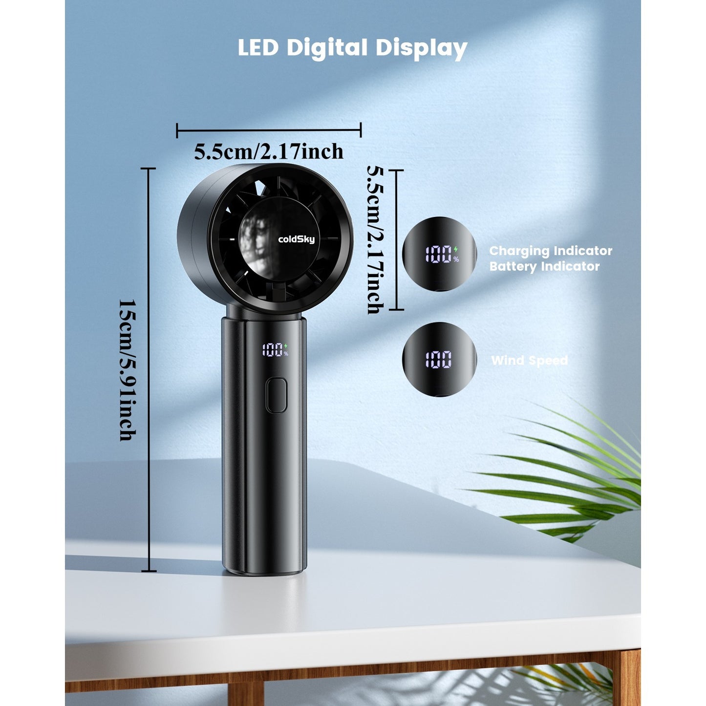 coldSky Portable Mini Fan with Digital Display - 3000mAh Lithium Battery, Ultra-Quiet & Powerful Cooling, 8-Hour Runtime, USB rechargeable, Detachable Lanyard - Ideal for Home, Office, Outdoor & Gifts