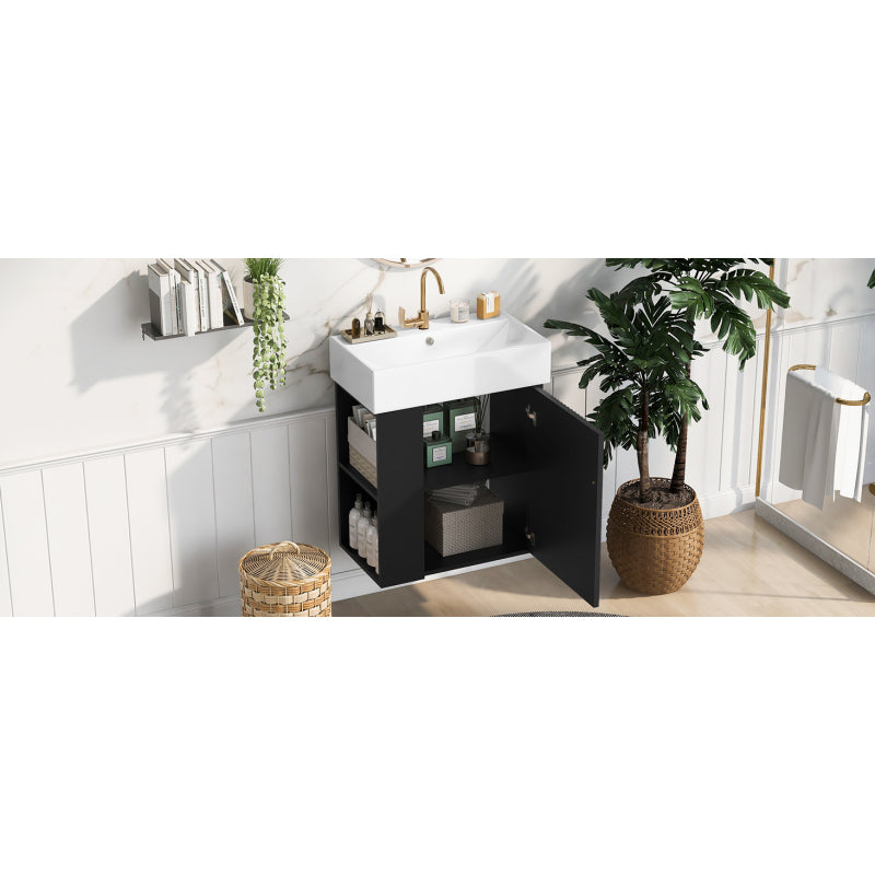 [Video]21.6inch Modern Floating Bathroom Vanity with Ceramic Basin - Perfect for Small Bathrooms, Left side storage