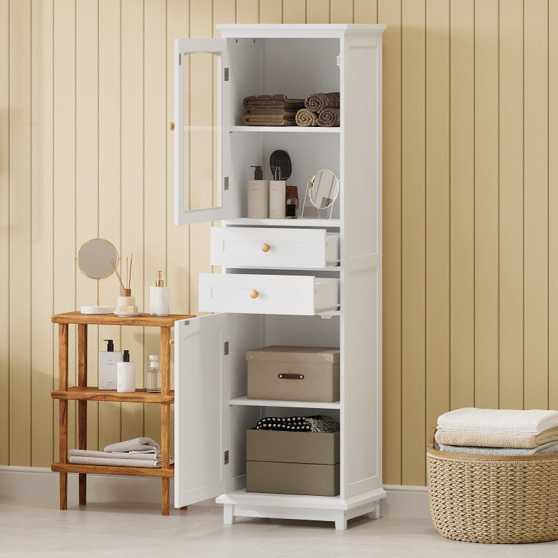 63" Tall Bathroom Storage Cabinet with Glass Doors, Free-Standing, Two Drawers, and Adjustable Shelves, MDF Board, Painted white - Perfect for Displaying Your Favorite Items