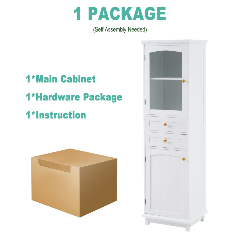 63" Tall Bathroom Storage Cabinet with Glass Doors, Free-Standing, Two Drawers, and Adjustable Shelves, MDF Board, Painted white - Perfect for Displaying Your Favorite Items