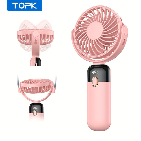 TOPK Portable Handheld Fan with 5000mAh Battery, 360° Rotation & LED Display – Rechargeable Mini Fan for Travel, Home, Office, Makeup, 4-Speed Adjustable, Neck-Hangable Design, Pink