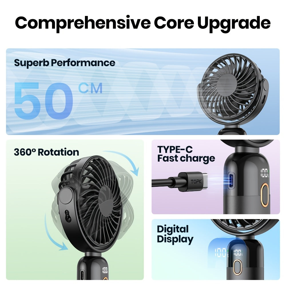 [Portable Handheld Fan] TOPK 3-in-1 Portable Handheld Fan | 360° Rotatable 4-Speed Mini Fan with LED Display, 5000mAh Rechargeable Battery, Durable Fan Blades for Home, Office, Travel & Outdoor
