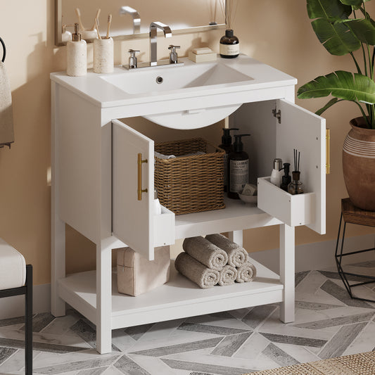 30" White Bathroom Vanity with Ceramic Sink and Versatile Storage - Ideal for Small Bathrooms
