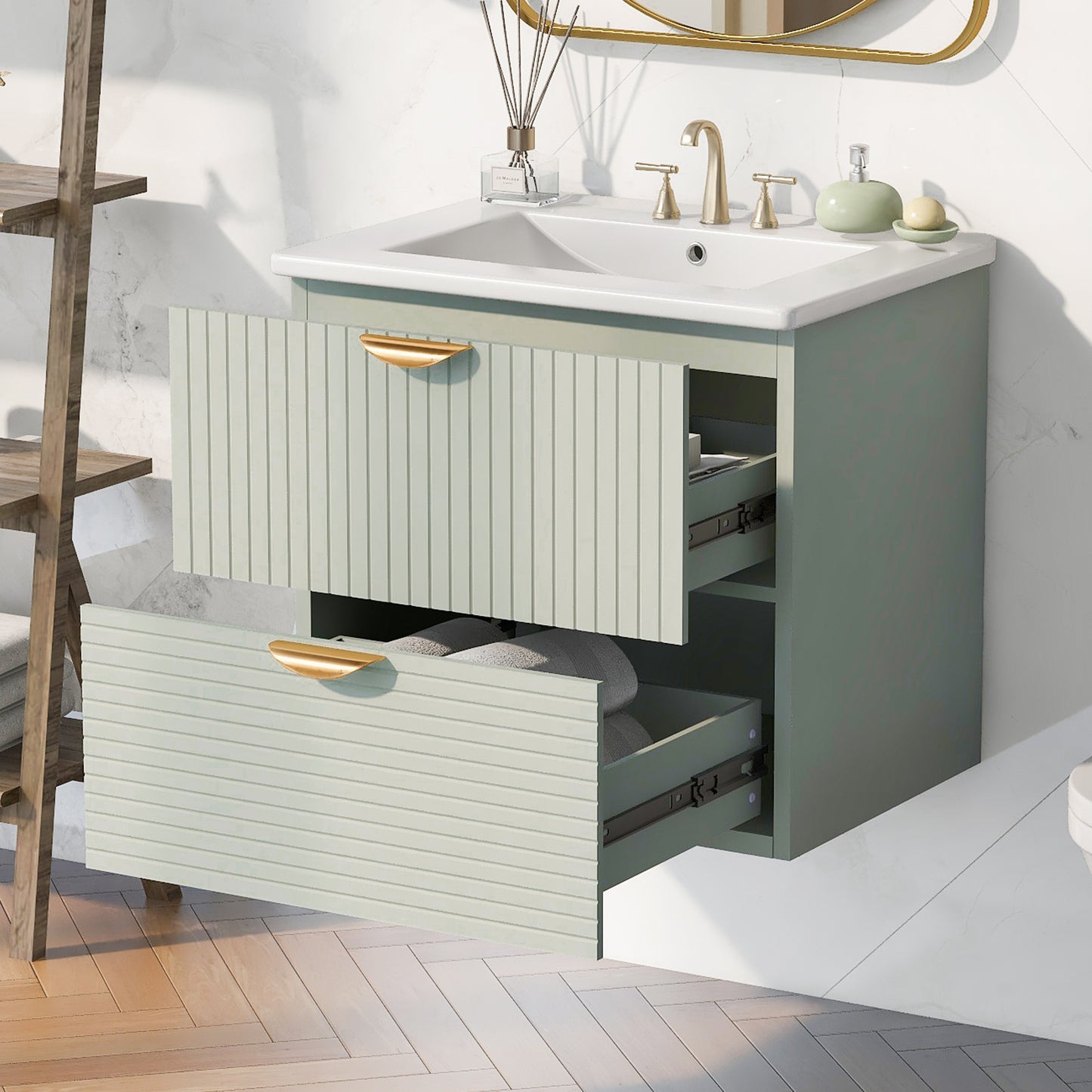 24" Modern Wall-Mounted Bathroom vanity with 2 Drawers, Green - Ideal for Small Bathrooms