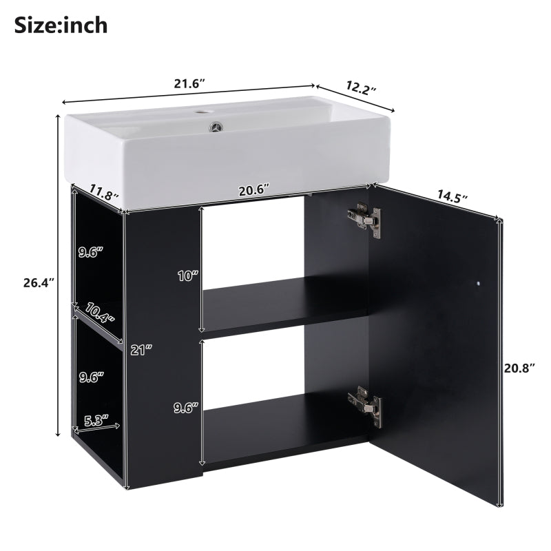 [Video]21.6inch Modern Floating Bathroom Vanity with Ceramic Basin - Perfect for Small Bathrooms, Left side storage
