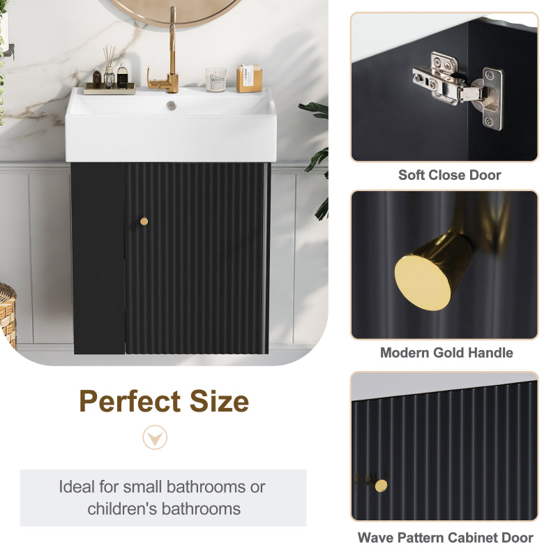 [Video]21.6inch Modern Floating Bathroom Vanity with Ceramic Basin - Perfect for Small Bathrooms, Left side storage