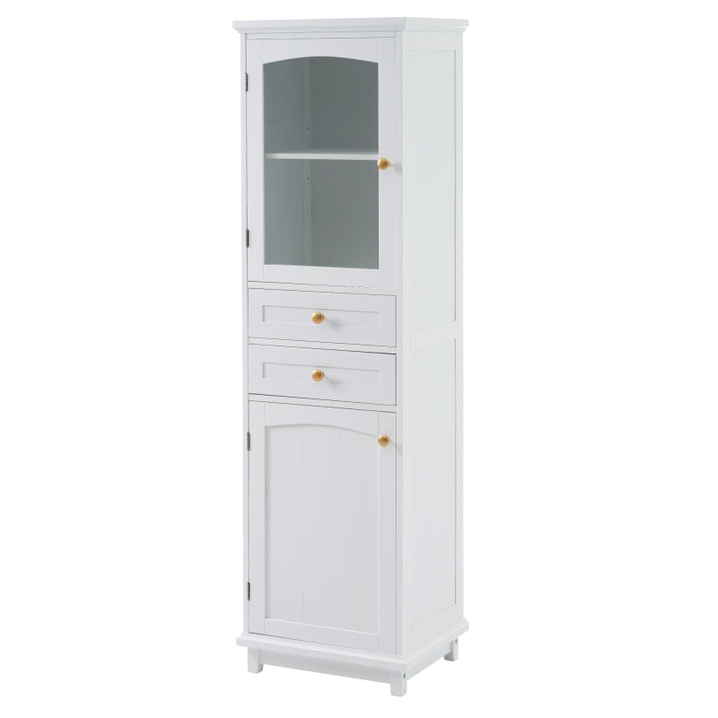 63" Tall Bathroom Storage Cabinet with Glass Doors, Free-Standing, Two Drawers, and Adjustable Shelves, MDF Board, Painted white - Perfect for Displaying Your Favorite Items
