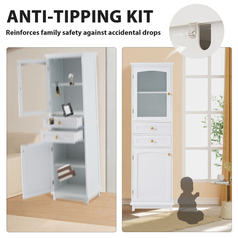 63" Tall Bathroom Storage Cabinet with Glass Doors, Free-Standing, Two Drawers, and Adjustable Shelves, MDF Board, Painted white - Perfect for Displaying Your Favorite Items
