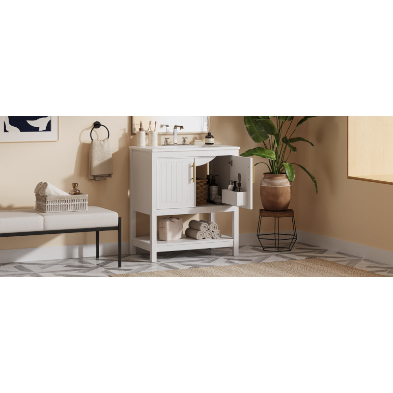 30" White Bathroom Vanity with Ceramic Sink and Versatile Storage - Ideal for Small Bathrooms
