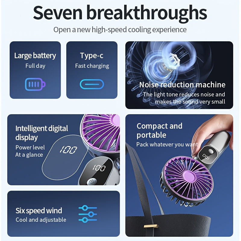 Mini Portable USB Fan with 6 Speeds and Digital Display - Foldable 3-in-1 Handheld, Neck, and Desktop Fan for Travel, Beach, and Outdoor Use - Rechargeable Lithium Battery, Travel Essentials | Modern Aesthetic | Compact Design, Portable Fans
